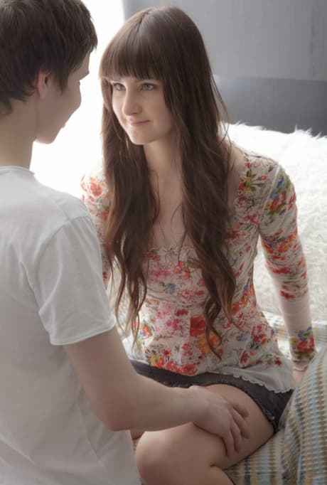 Innocent looking teen Mirabella rides her boyfriend's cock in socks