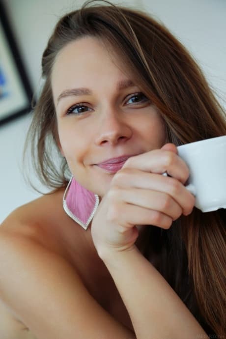 Cute teen Mirabella strips & shows her big ass & holes while drinking a coffee