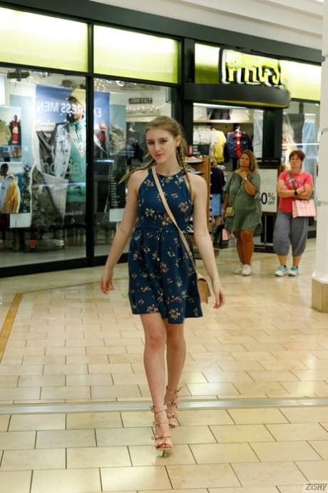 Nerdy amateur babe Melody Marks exposes her big boobs at the mall