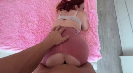 Redhead Sweetie Fox shows her big tits and takes a boner through ripped tights