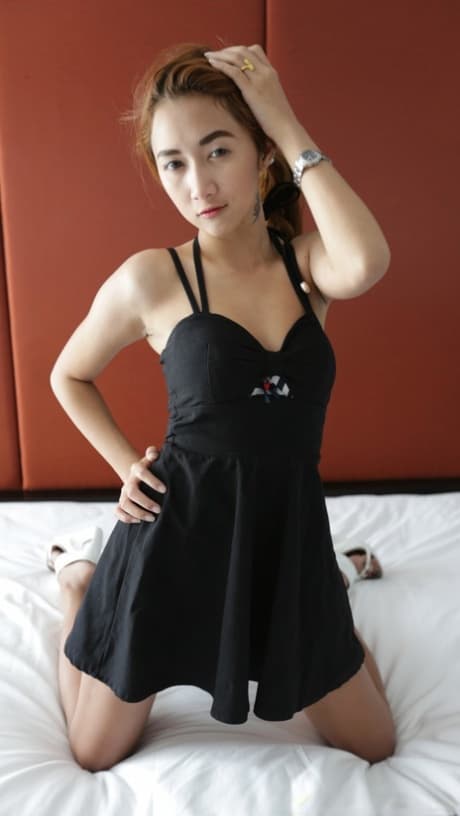 Dirty Asian girl An C shows her ass and takes a fat boner in her bushy cunt