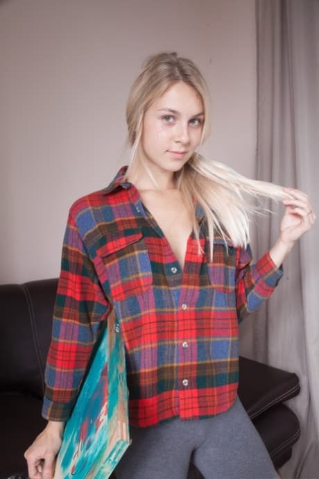 Slim teen Alecia Fox shows her hairy armpits & pussy & finger fucks on a couch