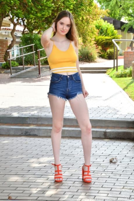 Sexy teen Hazel teasing in public & flashing her boobs and innocent pussy